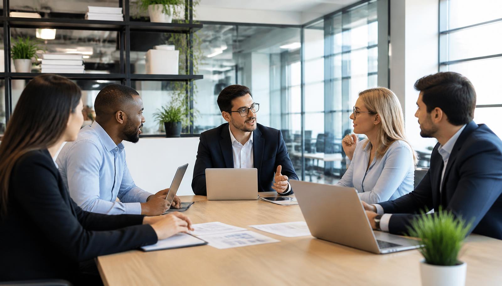 Réunion d'équipe dans un bureau moderne et lumineux